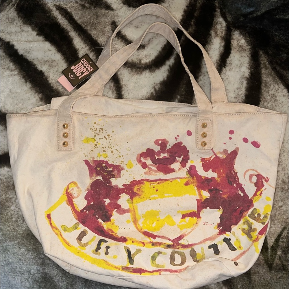 Y2K Juicy Couture Paint splattered Scottish Dogs Cream & Pink Cotton Tote Bag